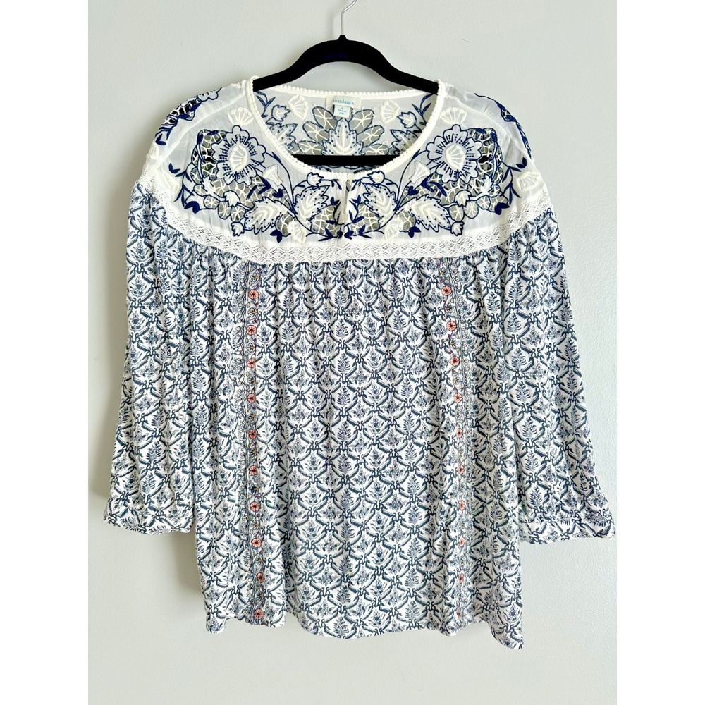 Sundance Womens Top Large Peasant Blouse Embroidered Floral Blue White Boho